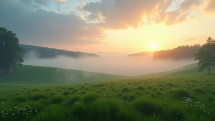 Fototapeta premium Misty green meadow with distant forest and soft morning light in silence 