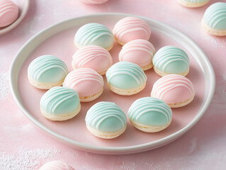 Obraz premium Pastel Cream Cheese Mints Arranged Elegantly on a White Plate with Soft Background