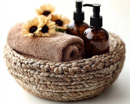 Spa essentials like towels, lotions, and candles fill a wicker basket