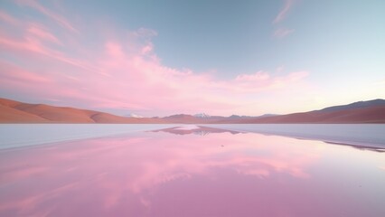 Naklejka premium Vast salt flat landscape with pastel sunset clouds reflected on still water 