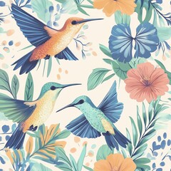 Fototapeta premium Tropical Hummingbirds and Leaves Seamless Pattern Flat Design