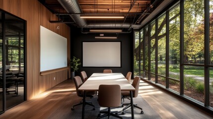 A high-tech remote collaboration room with smart whiteboards and video conferencing equipment,