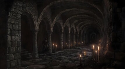 Obraz premium Enchanting Illustration of an Ancient Magical Hallway with Candles