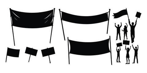 Silhouette Collection of Banners and Protesters – Black and White Design