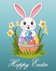 Postcard with Easter bunny.Vector color illustration with an Easter bunny and a basket of painted eggs.