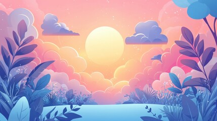 A pastel sunset scene with lush foliage and puffy clouds.