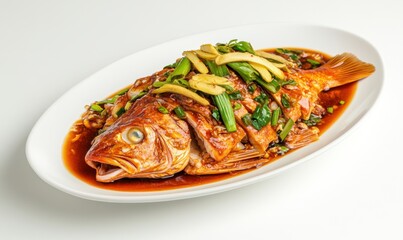 Steamed red snapper with ginger and scallions, Asian cuisine, restaurant dish