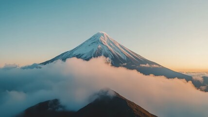 Snow Capped Mountain Peaks Partially Covered by Cloud Shrouds Against a Blue Sky Golden Light Bathes the Scene Nature Photography