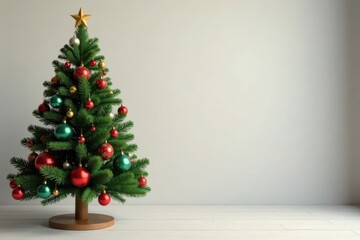 Wooden Christmas tree stand with greenery garland and colorful ornaments, winter wonderland, seasonal decoration