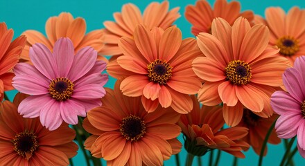 Vibrant orange and pink flowers bright turquoise background. AI Generated