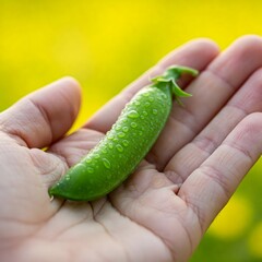 A fresh, shiny Pea held gently in a human hand against bright background