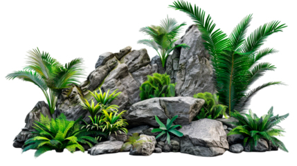 Cutout green tropics gardening with mossy rock set on transparent background PNG.

