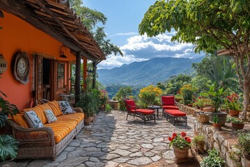 Obraz premium Tranquil outdoor living space overlooks mountain vista.
