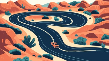 A vibrant, stylized illustration of a winding road through a desert landscape.