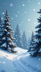 Obraz premium Winter wonderland scene with snowflakes and pine trees, pine, winter landscape, festive