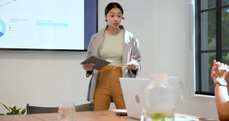 businesswoman giving presentation by screen to businessman in conference in office