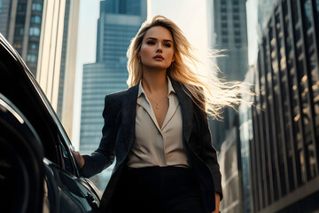 A businesswoman in formal attire stands outside her luxury car, showcasing the elegance of corporate fashion with sleek trousers and a blazer against an urban backdrop of skyscrapers.