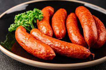 Sausage smoked pork meat beef dish fresh gourmet food background on table rustic food top view copy...