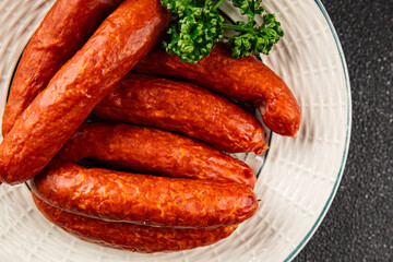 Sausage smoked pork meat beef dish fresh gourmet food background on table rustic food top view copy space