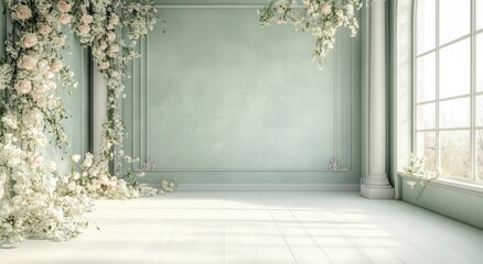 A light mint green room adorned with cascading floral arrangements.
