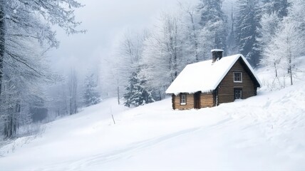 Snow Covered Wooden Cabin in Snowy Forest Winter Landscape