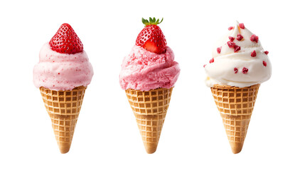 Pack of Strawberry Ice Cream Cone Set Against Transparent Background for Food or Dessert Projects