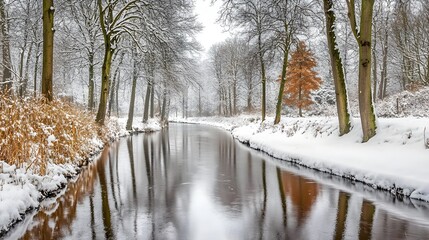 Serene Winter Landscape with Trees and a Small River Reflection