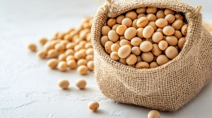 Fresh Soybeans in a Jute Bag with Scattered Beans on a Light Surface