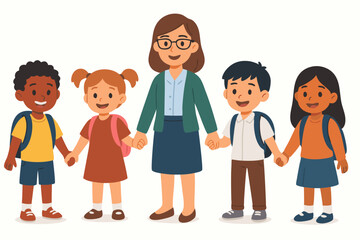 Diverse Elementary School Teacher and Multiethnic Students Holding Hands in Classroom, Inclusive Education Vector Illustration for Back to School, Childcare, and Educational Resources