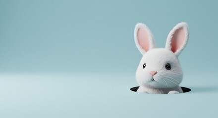 Obraz premium Rabbit Peeking Out of Hole on Light Blue Background