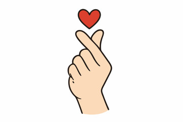 Korean Finger Heart Symbol Vector Illustration with Red Heart, Minimalist Line Art Hand Gesture for Love Expression, Trendy K-Pop Culture Sign for Valentine's Day, Social Media and Dating Apps