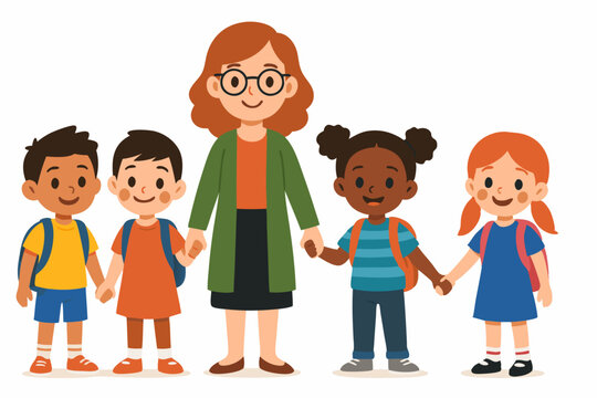 Diverse Elementary School Teacher with Multicultural Children Holding Hands, Colorful Vector Illustration for Education, Inclusion, Kindergarten, Preschool, and Classroom Community Concepts - Powered by Adobe