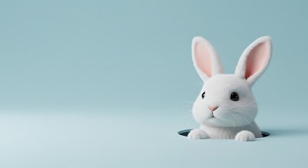 Obraz premium Rabbit Peeking Out From a Hole on Blue Background