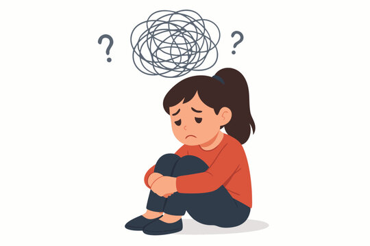 Anxious Young Girl with Confused Tangled Thoughts Illustration, Sad Child Sitting Alone with Messy Mind Cloud and Question Marks, Mental Health Concept for Anxiety and Depression Vector Graphic - Powered by Adobe