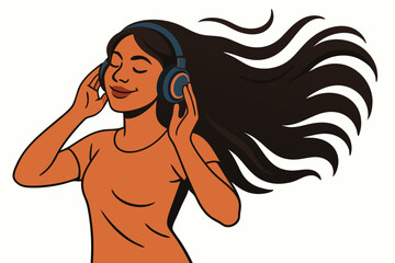 Serene Young Woman Listening to Music with Headphones, Flowing Long Hair, Peaceful Expression, Minimalist Vector Illustration for Audio Apps, Music Streaming Services and Lifestyle Branding