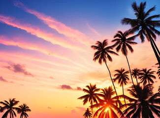 Timeless Tropical Escape: Coconut Palms Under a Sunlit Sky with,generative ai