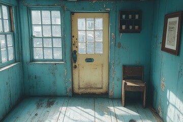 Weathered room shows age and fading light.