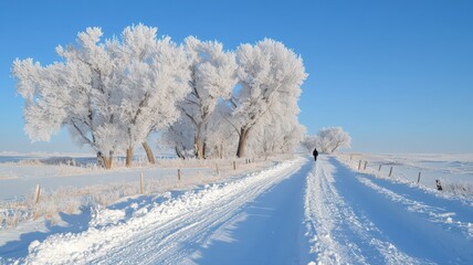 Obraz premium Snowy Road Leading to Frost Covered Trees Under Blue Sky