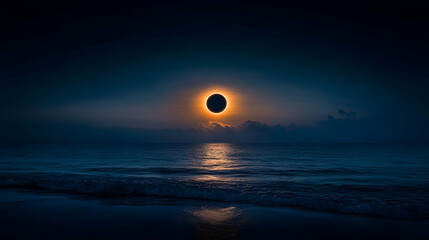 Magnificent solar eclipse observed over a tranquil ocean at twilight