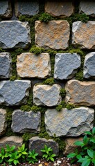 Fototapeta premium Weathered stone wall with moss and lichen growth, stone wall, weathering