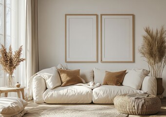 Elegant minimalist living room with neutral tones, plush sofa, decorative pillows, natural light, and stylish wall decor