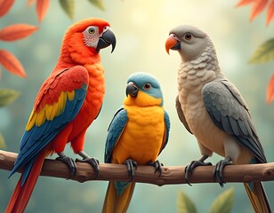 Fototapeta premium Digital illustration of three parrots perched on a branch.