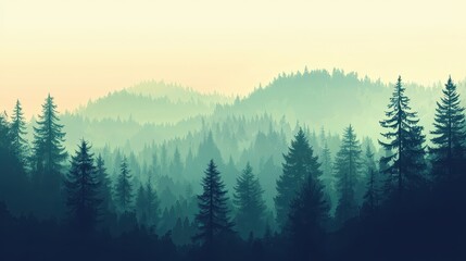 Fototapeta premium Misty mountain forest scene of tranquil evergreen trees.
