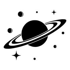 Minimalist Saturn planet icon with stars and moons, space-themed black silhouette design for science graphics, educational materials, astronomy content, mobile apps, tattoo concepts, vector art © Samo.mhn