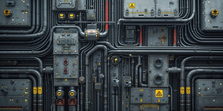 Complex industrial wall of pipes, wires, panels, and machinery in shades of gray and black