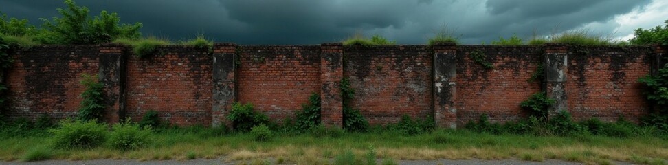 Fototapeta na wymiar Weathered brick walls with overgrown vegetation and a dark grey sky , atmospheric, decay, moody