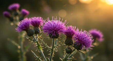 Fototapeta premium Purple Thistle Flowers Sunset Warm Light. AI Generated