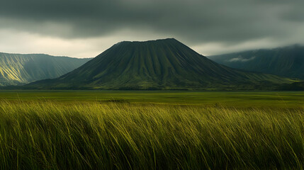 Fototapeta premium Volcanic Mountain Landscape With Green Field