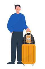 Man with his suitcase and cat him the carrier