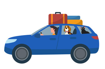 road trip with pets, man driving suv car with his dog and cat